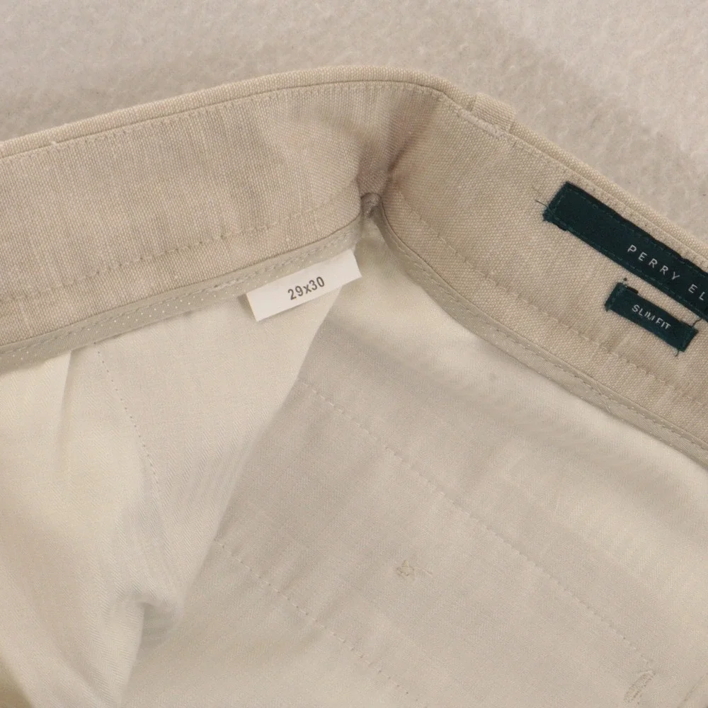Perry Ellis Dress Pants Men 29x30 Slim Fit Flat Front Khaki Tan Linen Blend EUC